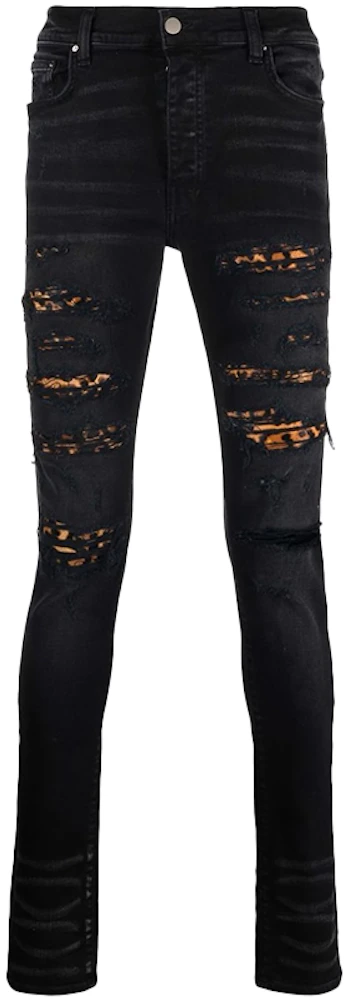 AMIRI MX1 Mid Rise Skinny Jeans Black/Leopard Print Men's - US