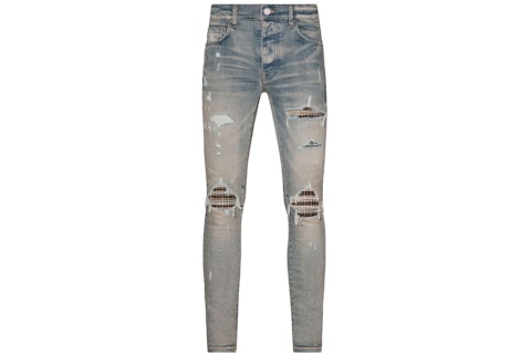 AMIRI Neon Plaid Skinny Jeans Indigo Blue Men's US