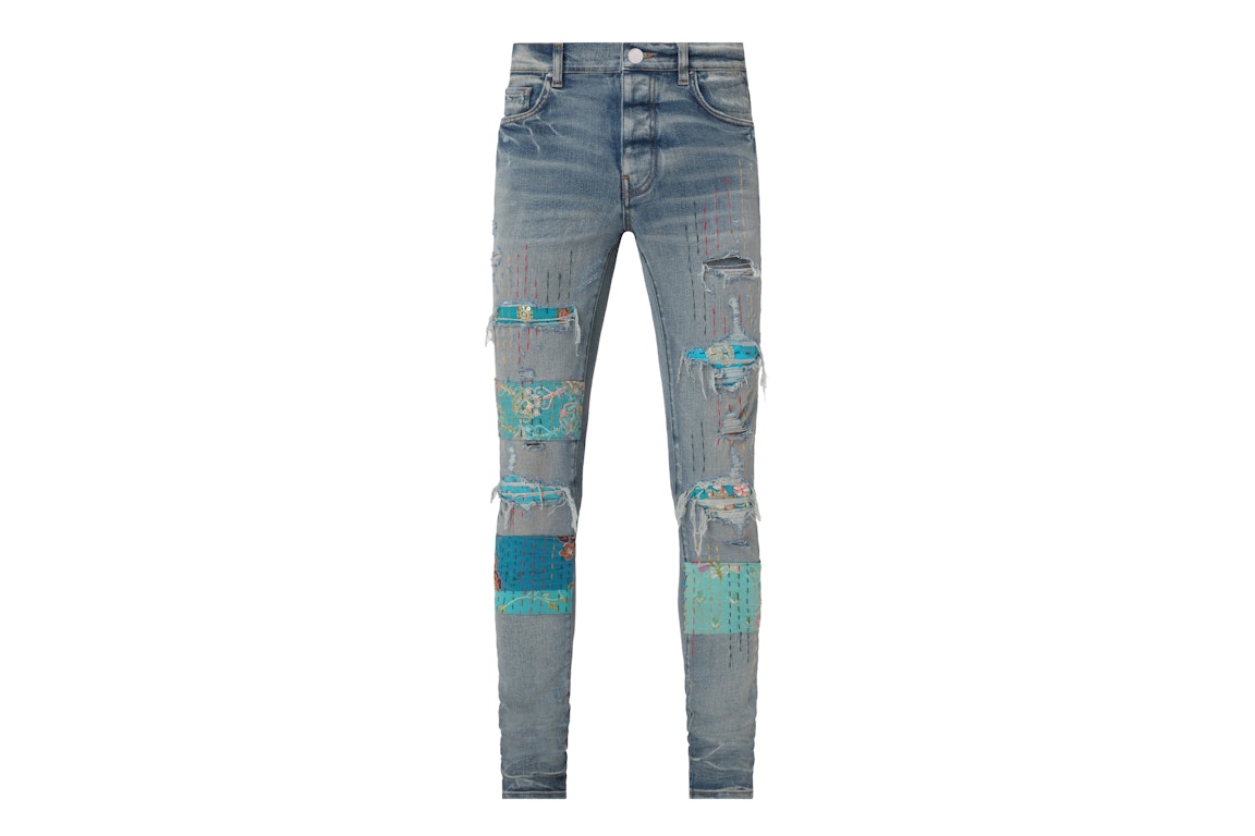 Pre-owned Amiri Vintage Quilt Art Patch Skinny Jean Clay Indigo