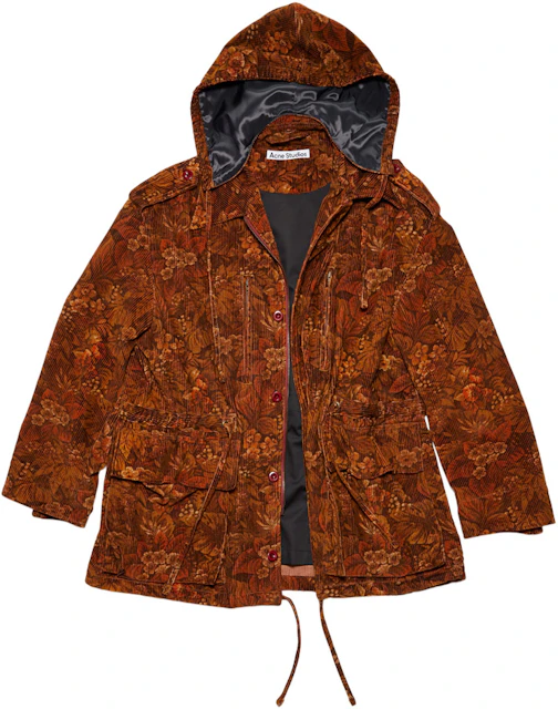 Acne Studios Flower Print Corduroy Relaxed Fit Parka Jacket Rust Red ...