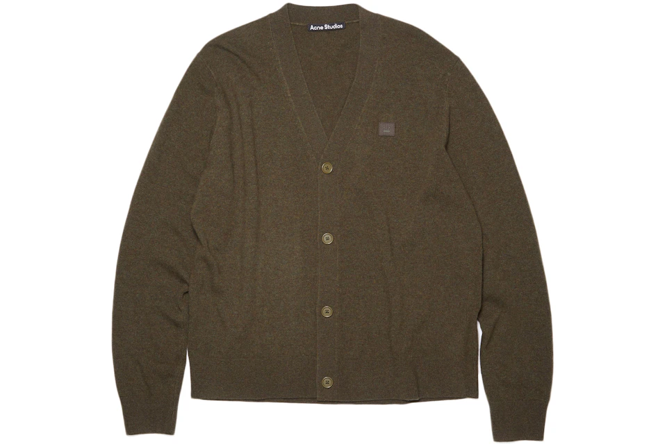 Acne Studios Wool Face Patch V Neck Cardigan Sweater Dark Khaki Melange