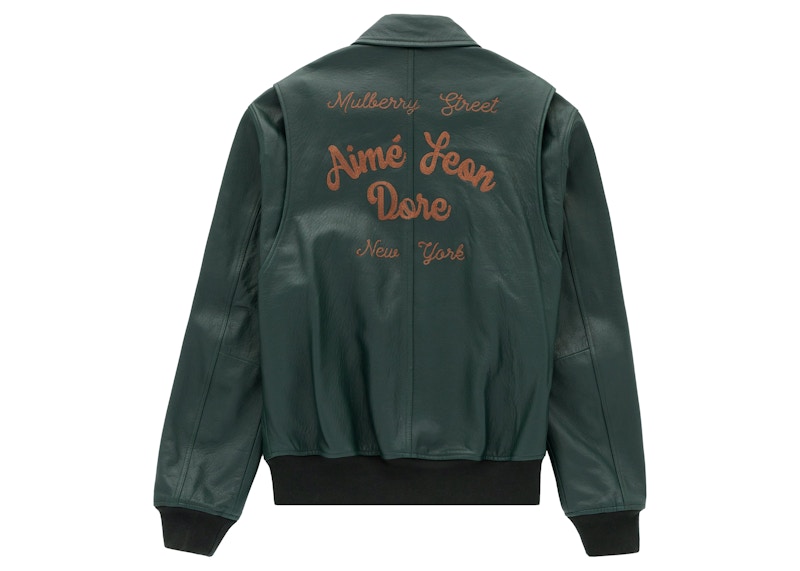 Aime Leon Dore Chainstitch Leather Bomber Jacket Green Men's