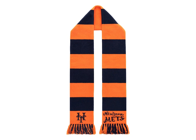 Pre-owned Aimé Leon Dore Men's Aime Leon Dore X New York Mets Striped Wool Scarf In Navy Blue/orange