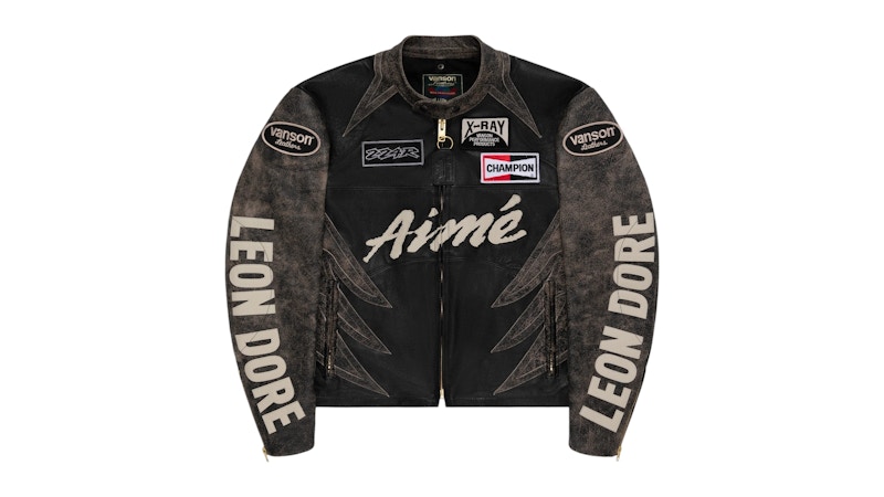 Pre-owned Aimé Leon Dore Men's Aime Leon Dore X Vanson Distressed Leather Moto Jacket In Black/cream