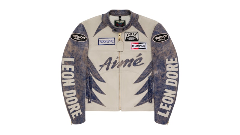Pre-owned Aimé Leon Dore Men's Aime Leon Dore X Vanson Distressed Leather Moto Jacket In Blue/cream