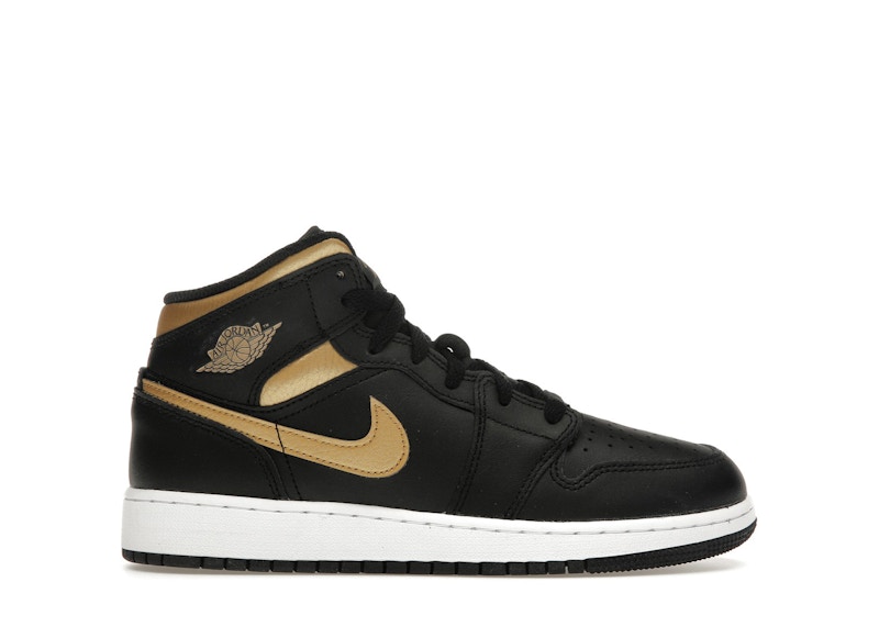 Pre-owned Jordan 1 Mid Swoosh Sneakers In Black/white/metallic Gold