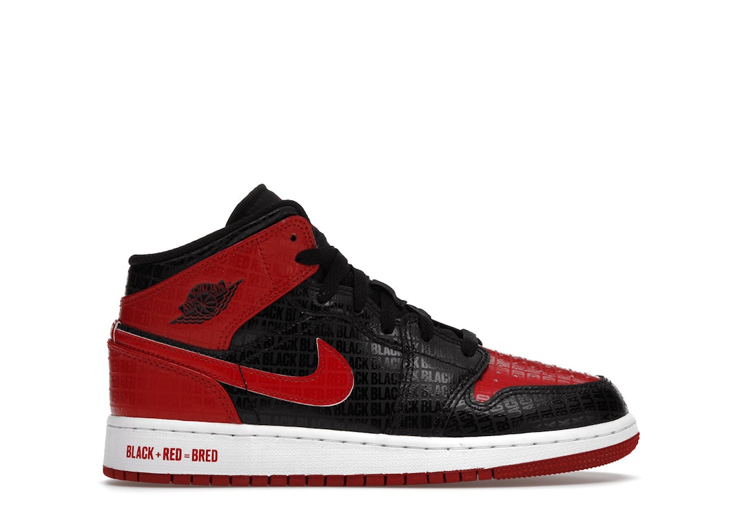 Pre-owned Jordan 1 Mid Bred Text (gs) In Black/gym Red-white