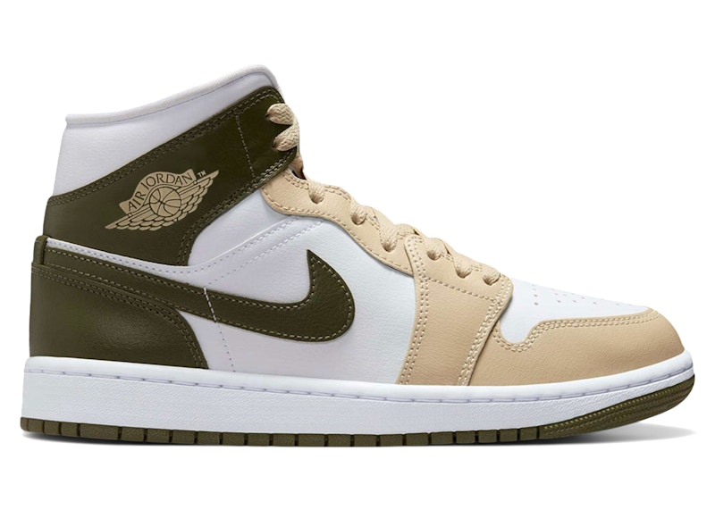 Pre-owned Jordan 1 Mid Military Drab (women's) Sneakers In Tan/olive/white
