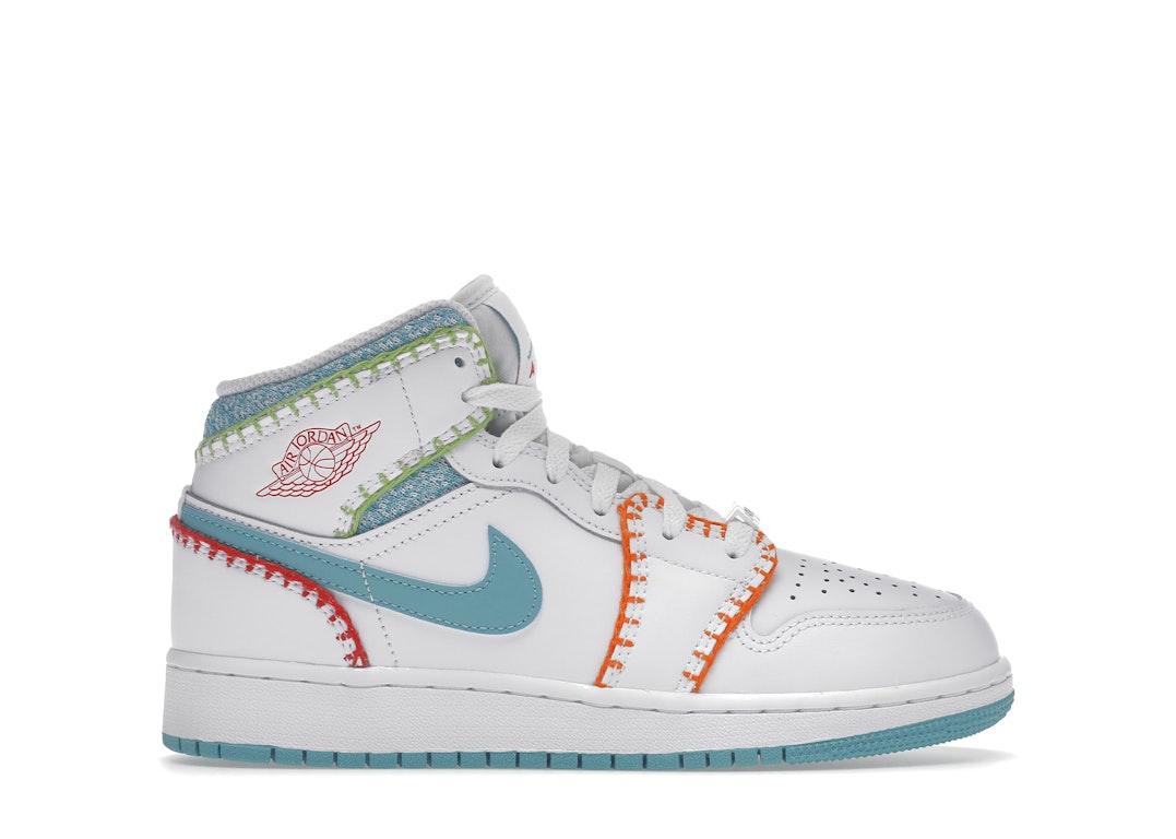 Pre-owned Jordan 1 Mid Multi Knit (gs) In White/washed Teal/rush Pink