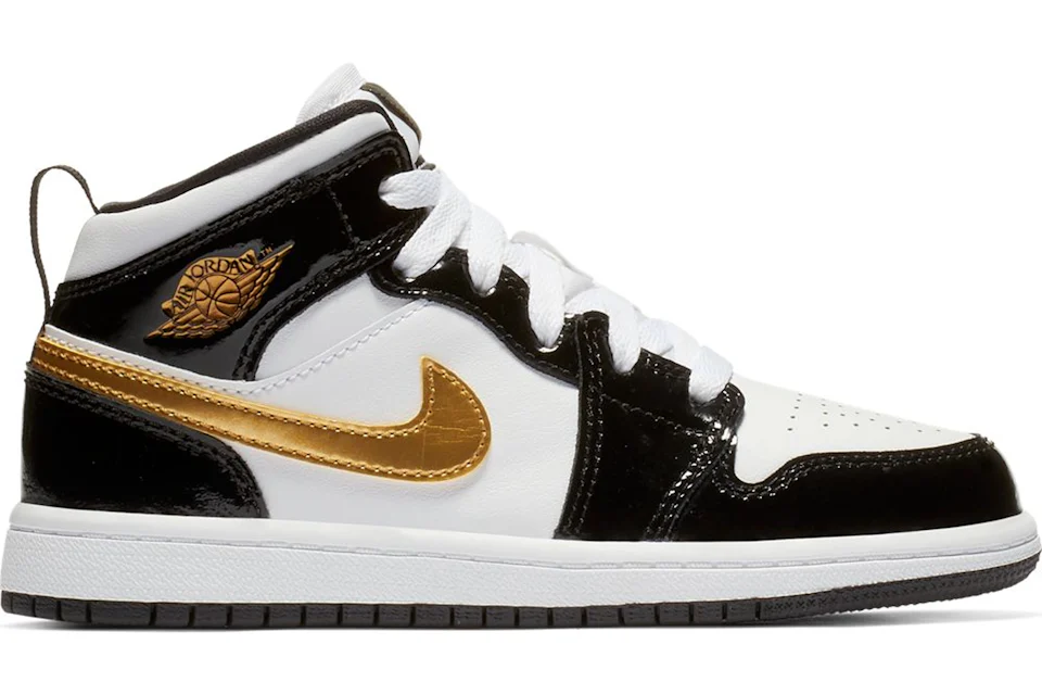 Jordan 1 Mid Patent Black White Gold PS