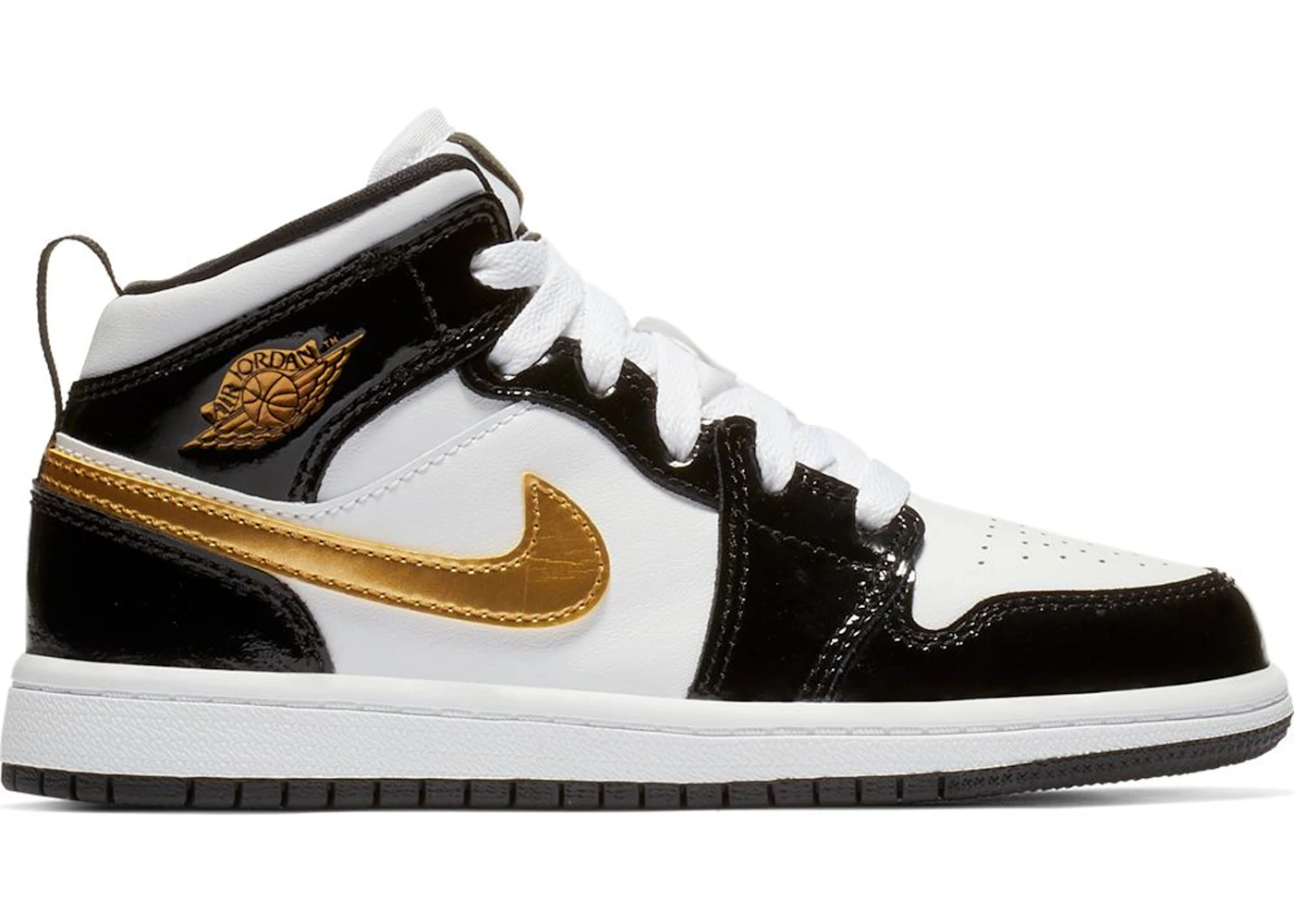 Nike jordan 1 mid top patent black white gold