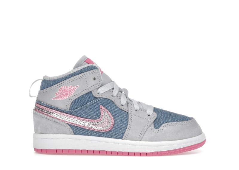 Pre-owned Jordan 1 Mid Se Denim Sequin Sneakers In Cobalt Blue Bliss/white/pink Glow