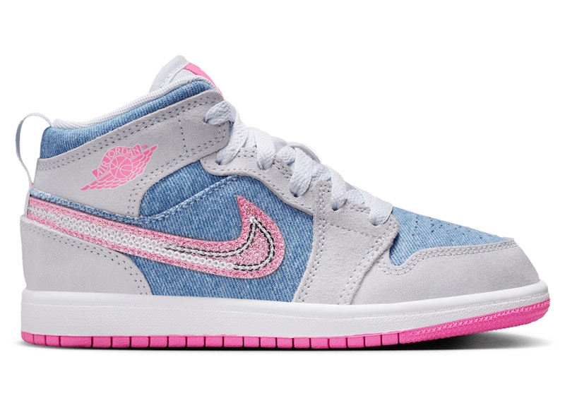 Pre-owned Jordan 1 Mid Se Denim Sequin Sneakers In Cobalt Blue Bliss/white/pink Glow
