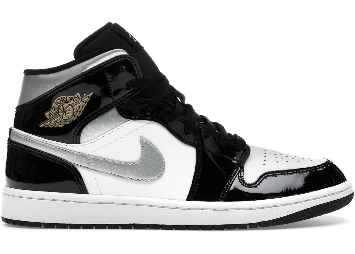 Jordan 1 Mid SE Patent Black White Metallic Silver Metallic Gold