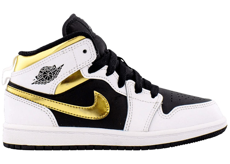 Jordan 1 mid black white gold on sale