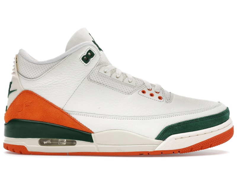 Men's Jordan 3 Retro SP SoleFly Miami Sneakers in Sail/Gorge Green/Bright Mandarin