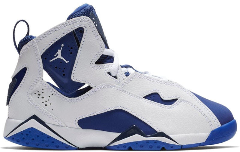 blue and white jordans flight