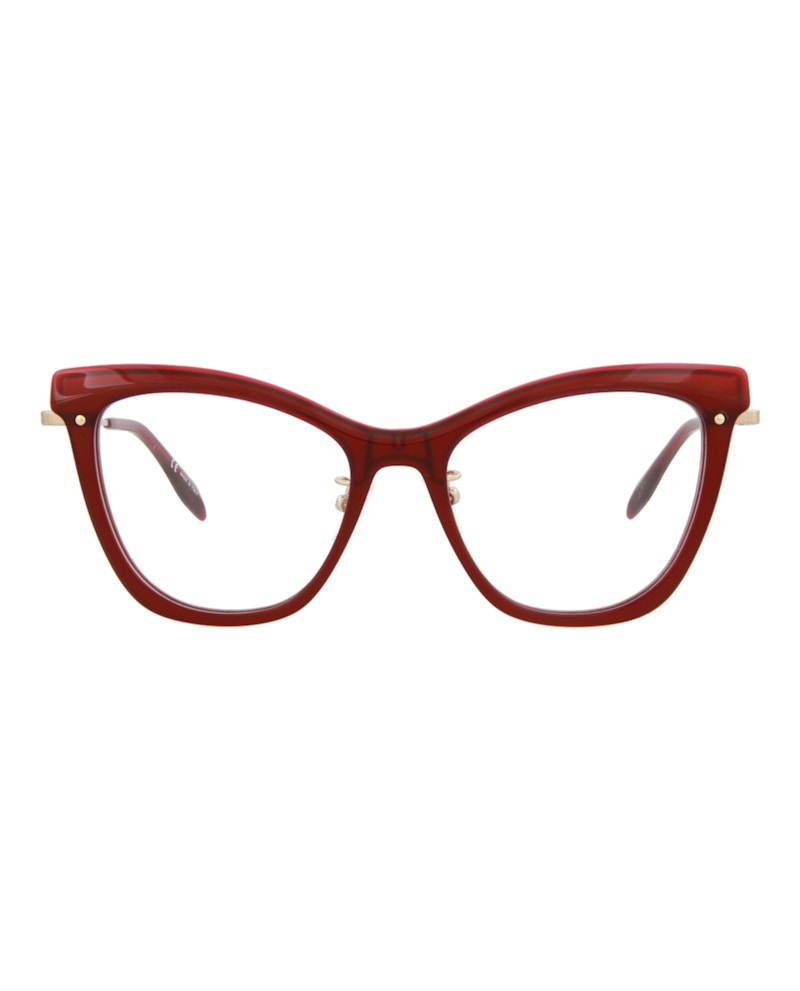 Pre-owned Alexander Mcqueen Women's  Cat Eyeframe Acetate Optical Frames In Burgundy Gold Transparent (am0265o/