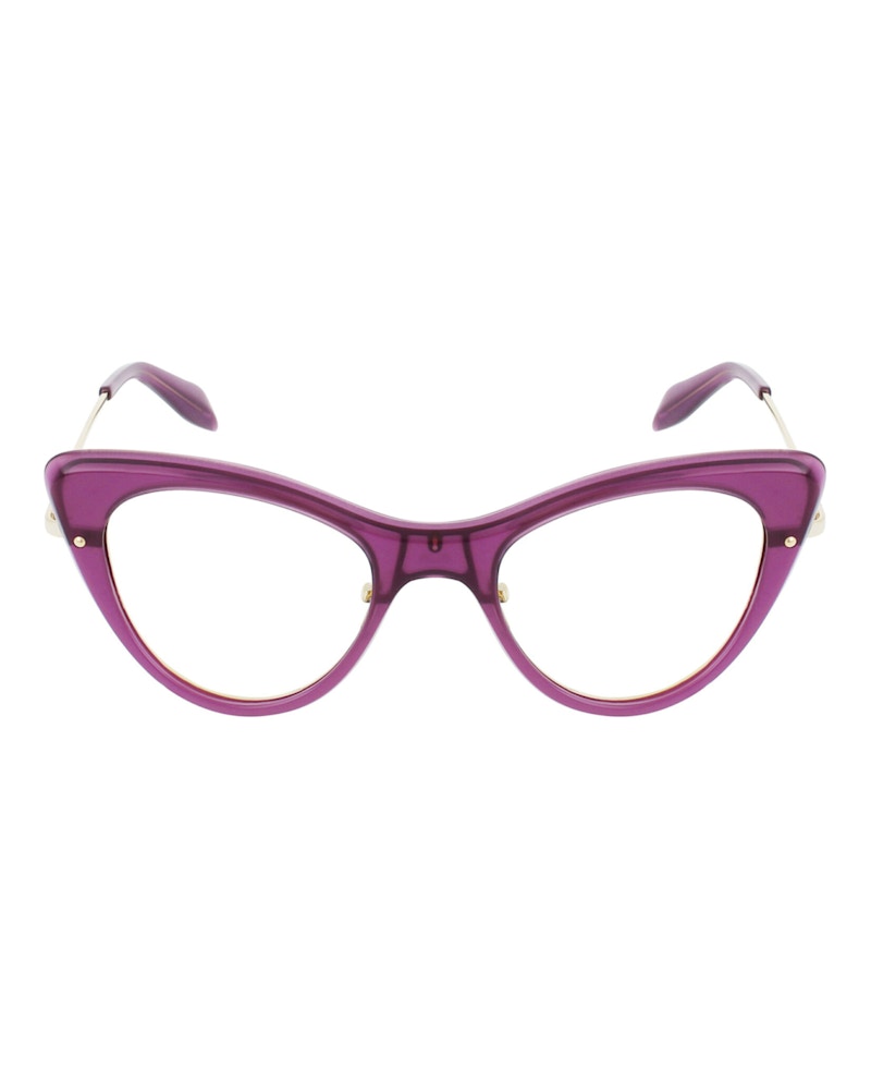 Pre-owned Alexander Mcqueen Women's  Cat Eyeframe Acetate Optical Frames In Violet Gold Transparent (am0236o/30