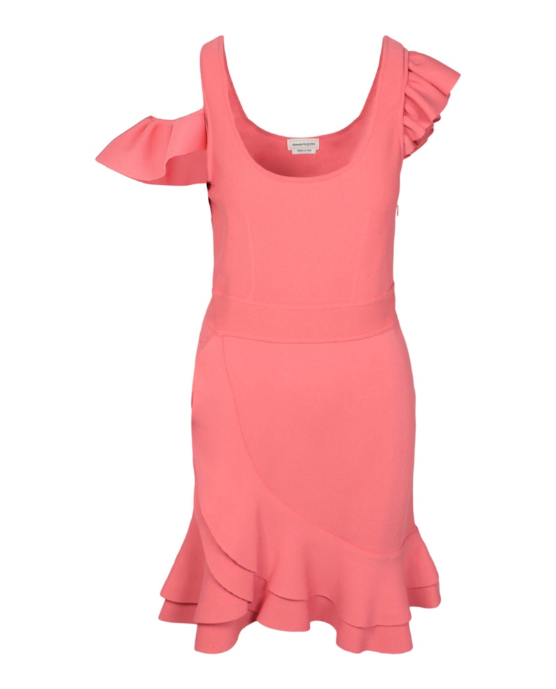 Alexander McQueen Compact Knit Mini Ruffle Dress Coral