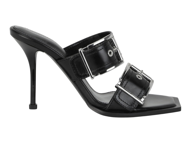 Alexander McQueen Double Buckle Punk 4 In Mules Black Silver