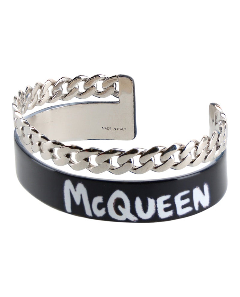 Pre-owned Alexander Mcqueen Men's Graffiti Open Cuff Bracelet In Black/white In Multi