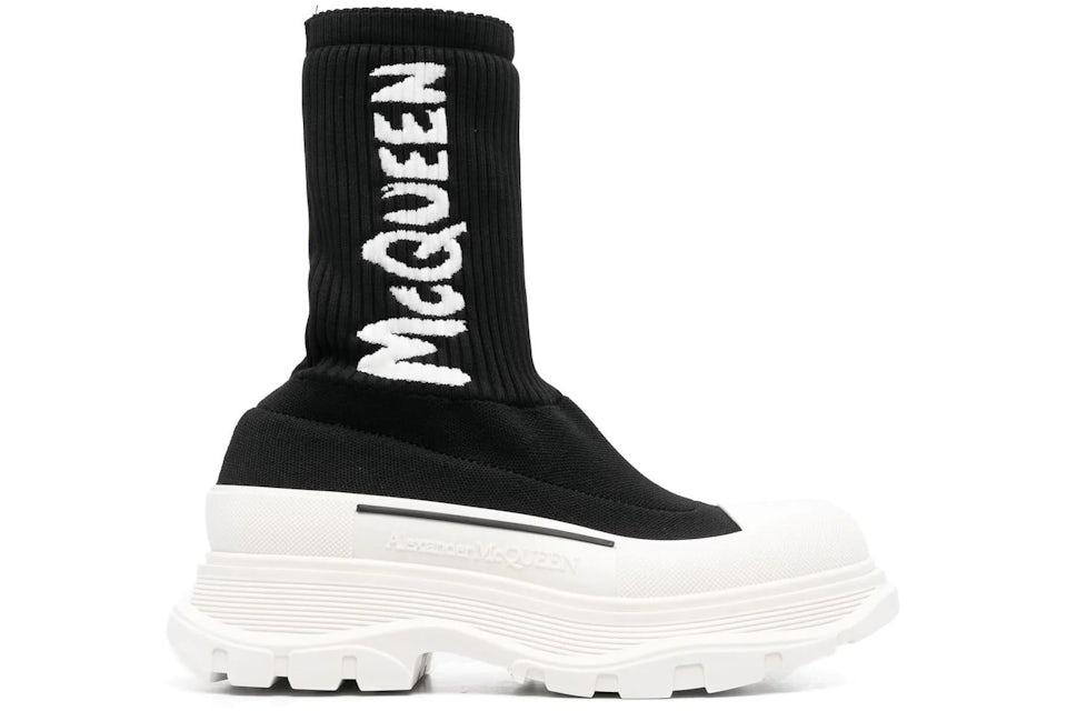 Alexander McQueen Logo Intarsia Chunky Sock Sneaker Black Ice (Women\'s) -  708096W4U51 1041 - US