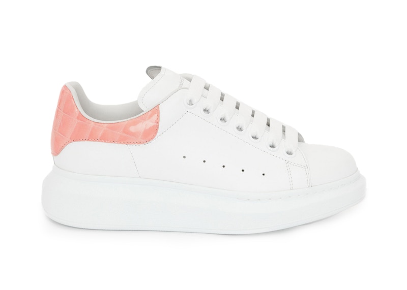 Pre-owned Alexander Mcqueen Women's  Oversized Embossed Patent Croco Sneakers In White/pastel Pink