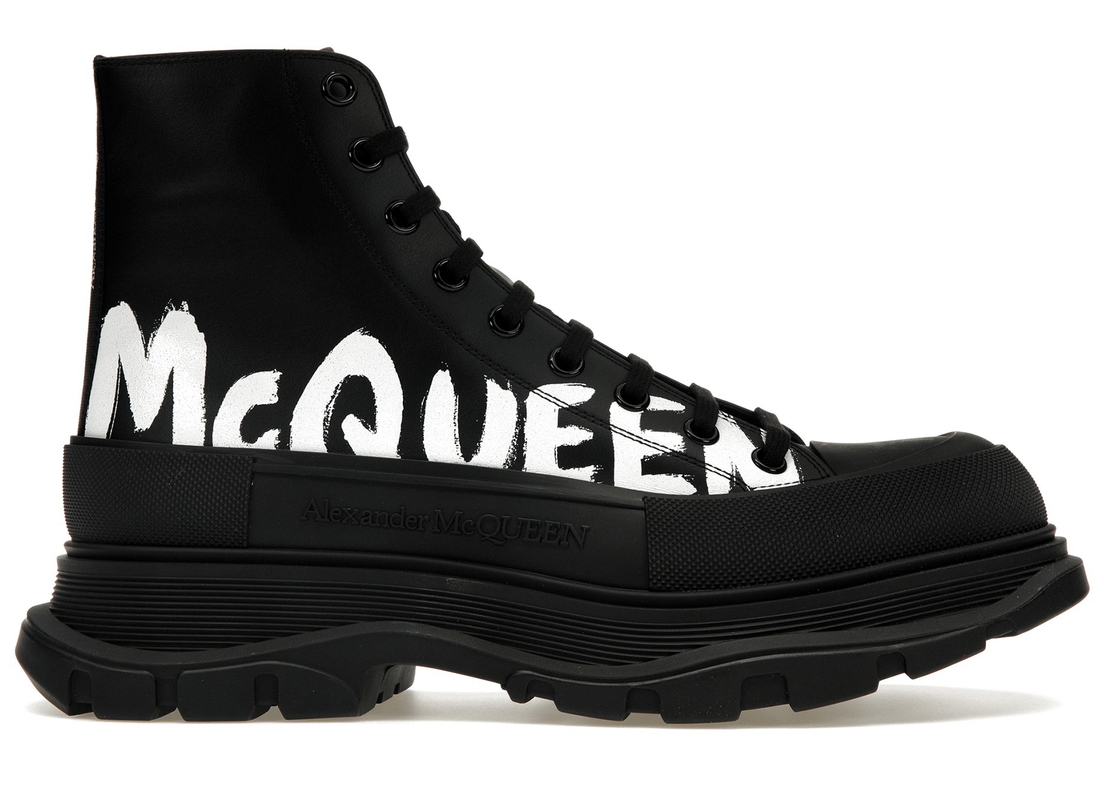 Alexander McQueen Tread Slick Boot Leather Graffiti Black White