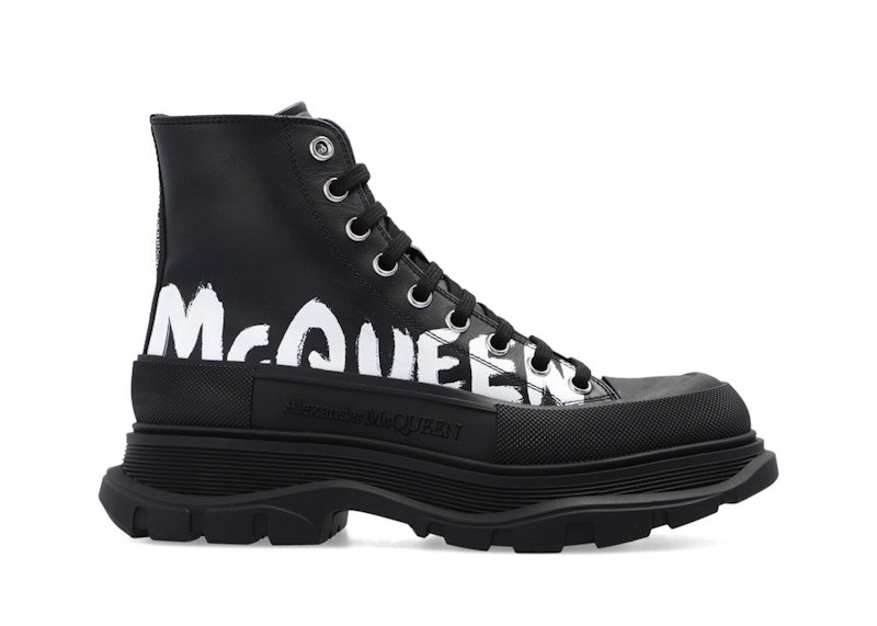 Alexander McQueen Tread Slick Boot Leather Graffiti Black White