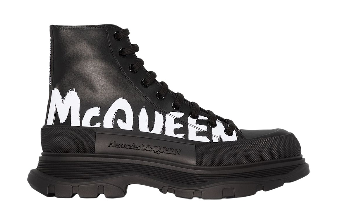 Pre-owned Alexander Mcqueen Tread Slick Boot Leather Graffiti Black White In Black/white