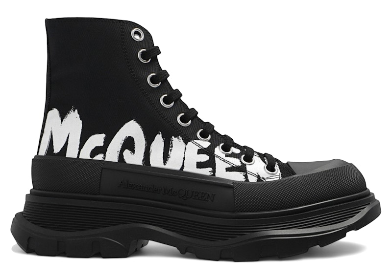 Pre-owned Alexander Mcqueen Tread Slick High Top Sneakers Mcqueen Graffiti Logo (women's)in Black/white In Multi