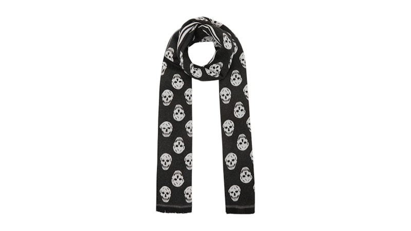 Pre-owned Alexander Mcqueen Allover Skullprint With Stripe Scarf In Black White In Multi