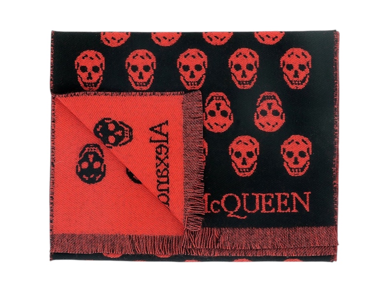 Pre-owned Alexander Mcqueen Reversible Allover Skullprint Scarf In Black/red In Multi