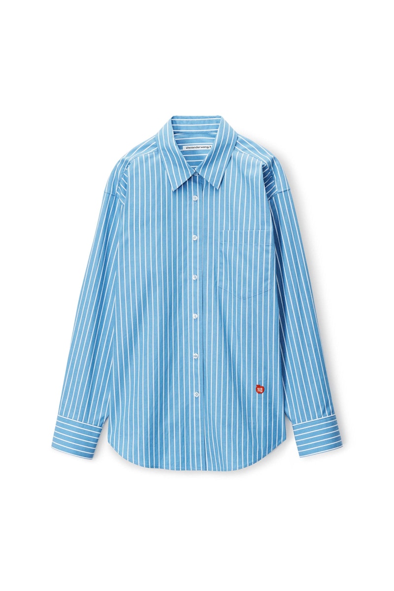 Pre-owned Alexander Wang Women's Apple Boyfriend Shirt In Compact Cotton In Blue/white In Multi