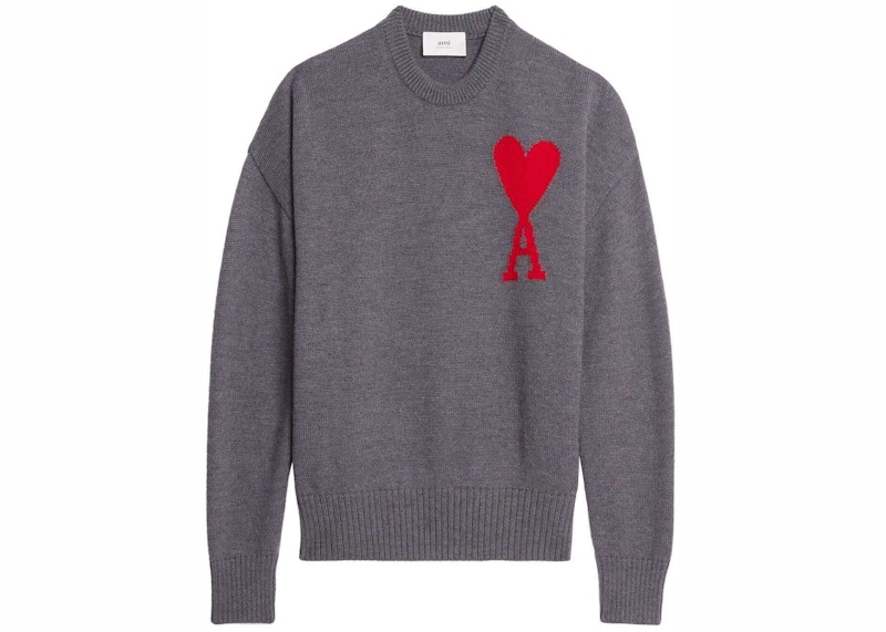 Pre-owned Ami Alexandre Mattiussi Men's Ami Paris Adc Crewneck Sweatshirt Sweater In Heather Grey/red