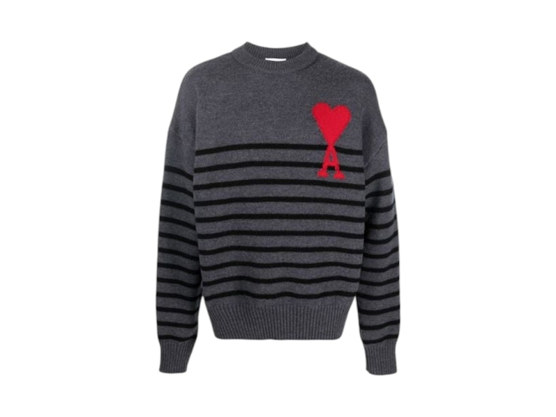 Pre-owned Ami Alexandre Mattiussi Men's Ami Paris Adc Striped Crewneck Sweatshirt Sweater In Grey/red
