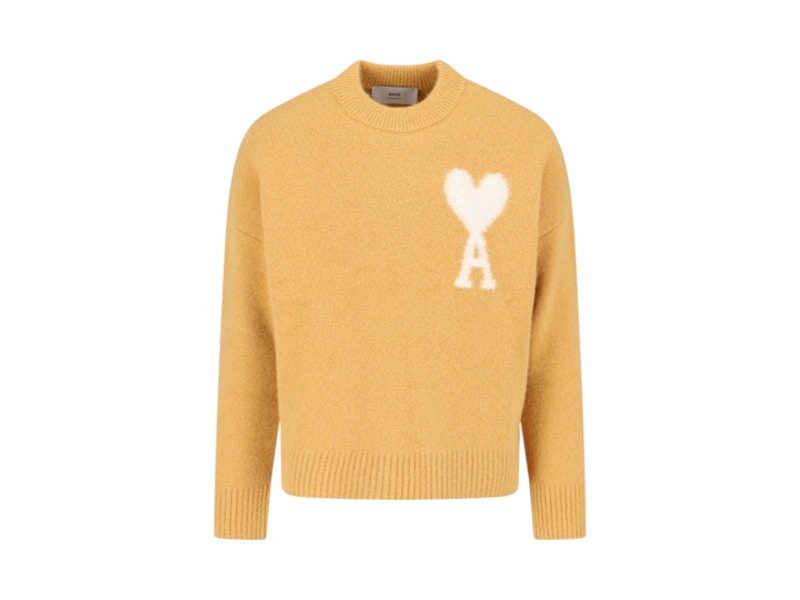 Pre-owned Ami Alexandre Mattiussi Men's Ami Paris Ami De Coeur Crewneck Sweatshirt Sweater In Off White/mustard