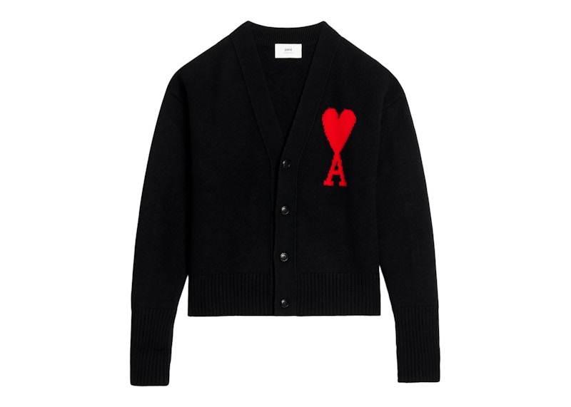 Ami Paris Ami De Coeur Felted Merino Wool Cardigan Black/Red Men's