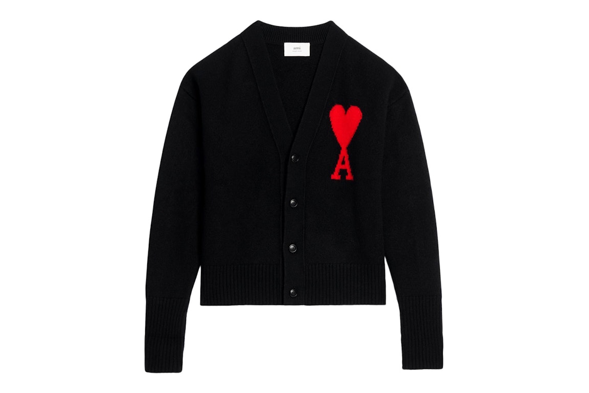 Pre-owned Ami Alexandre Mattiussi Ami Paris Ami De Coeur Felted Merino Wool Cardigan Black/red