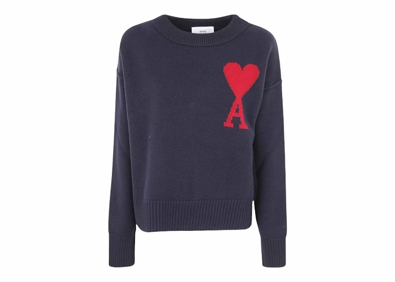 Pre-owned Ami Alexandre Mattiussi Men's Ami Paris Ami De Coeur Felted Merino Wool Sweater In Night Blue/red