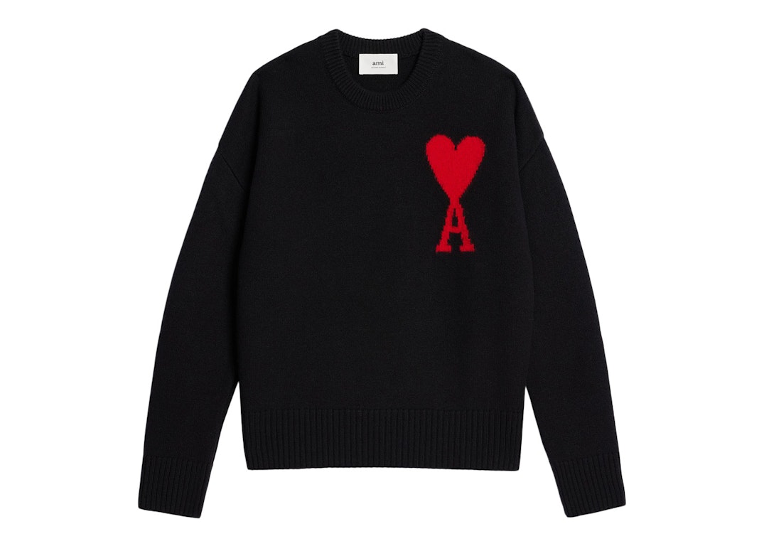 Pre-owned Ami Alexandre Mattiussi Ami Paris Ami De Coeur Intarsia-knitted Felted Merino Wool Crewneck Oversized Sweater Black/red