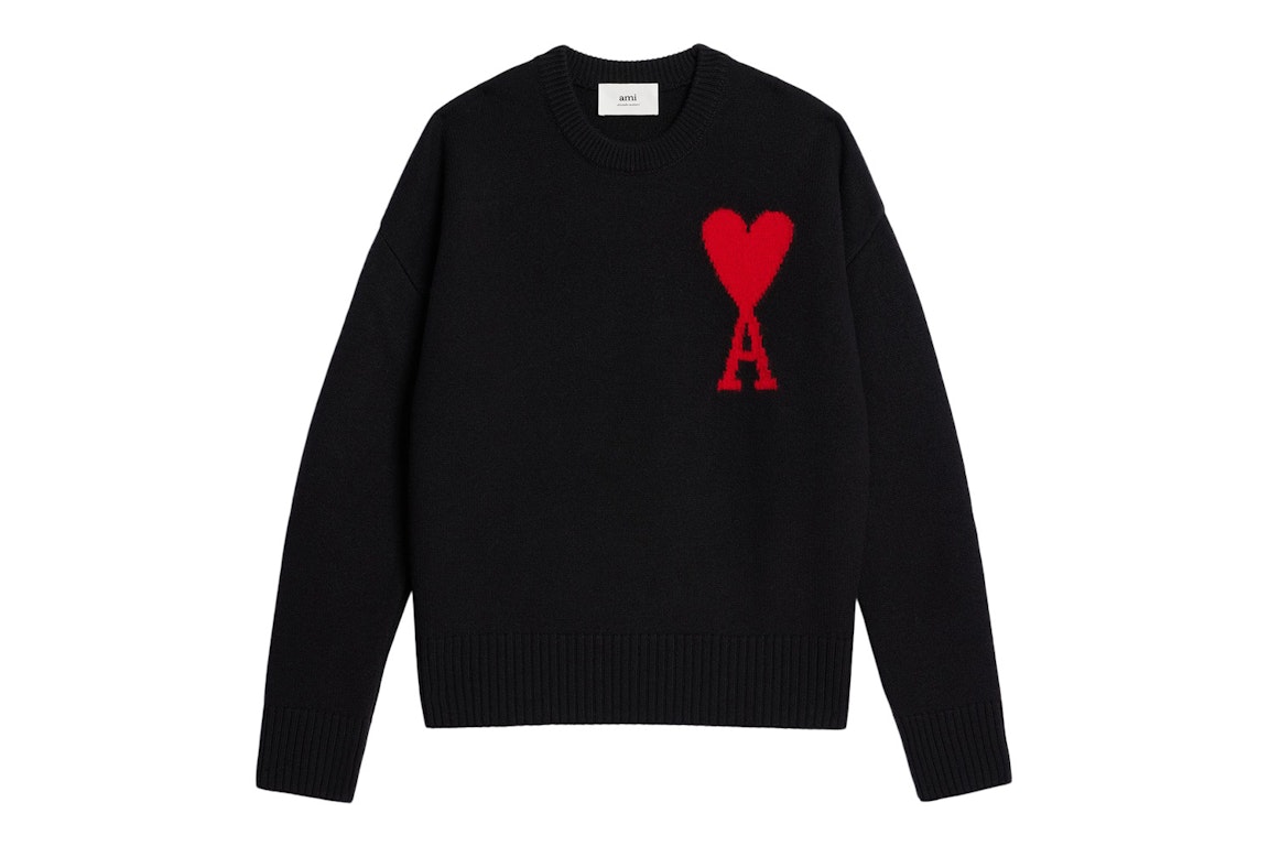 Pre-owned Ami Alexandre Mattiussi Ami Paris Ami De Coeur Intarsia-knitted Felted Merino Wool Crewneck Oversized Sweater Black/red