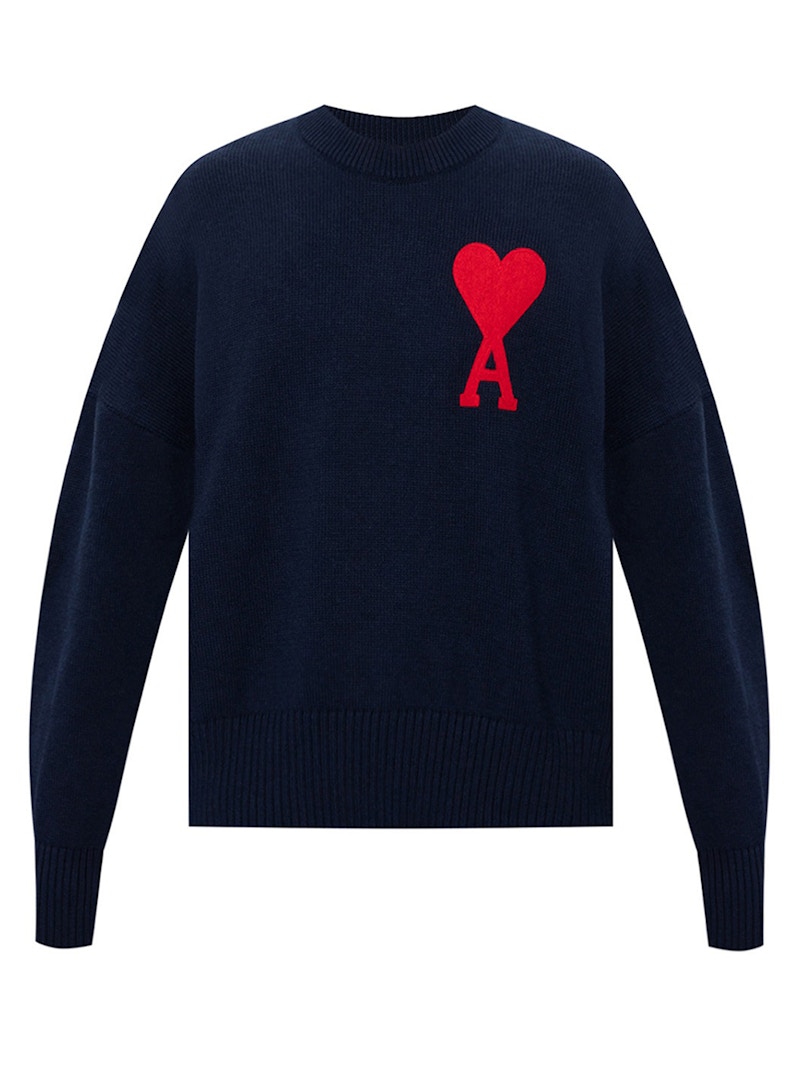 Ami Paris Ami De Coeur Knitted Cotton Crewneck Navy/Red Men's - US