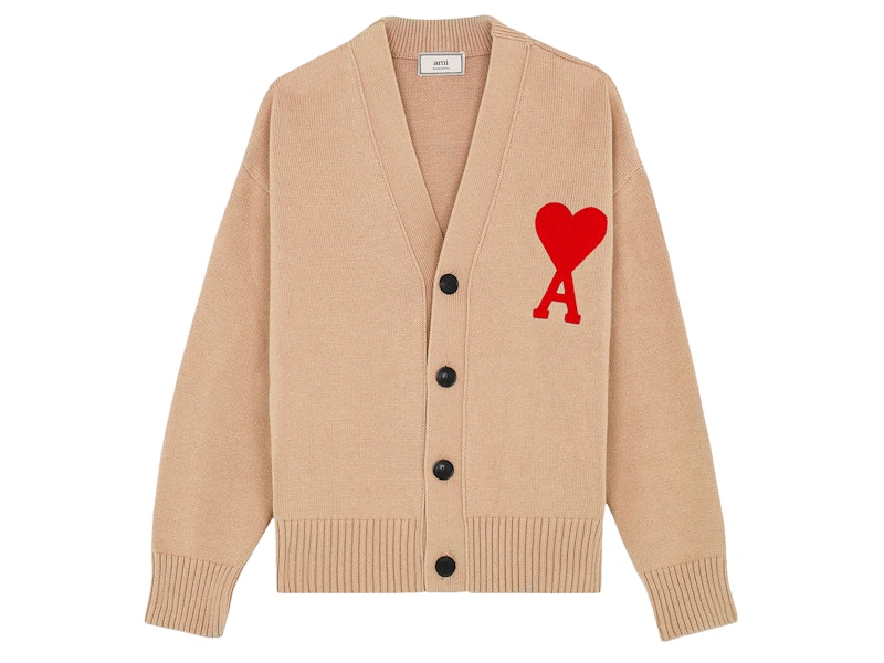 Ami Paris Ami De Coeur Merino Wool Oversize Cardigan Beige/Red - US