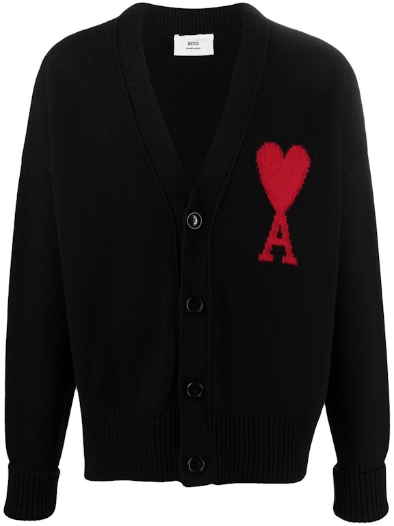 Pre-owned Ami Alexandre Mattiussi Ami Paris Ami De Coeur Merino Wool Oversize Cardigan Black/red