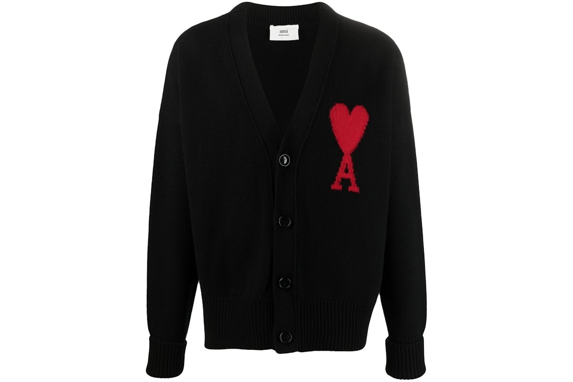 Pre-owned Ami Alexandre Mattiussi Ami Paris Ami De Coeur Merino Wool Oversize Cardigan Black/red
