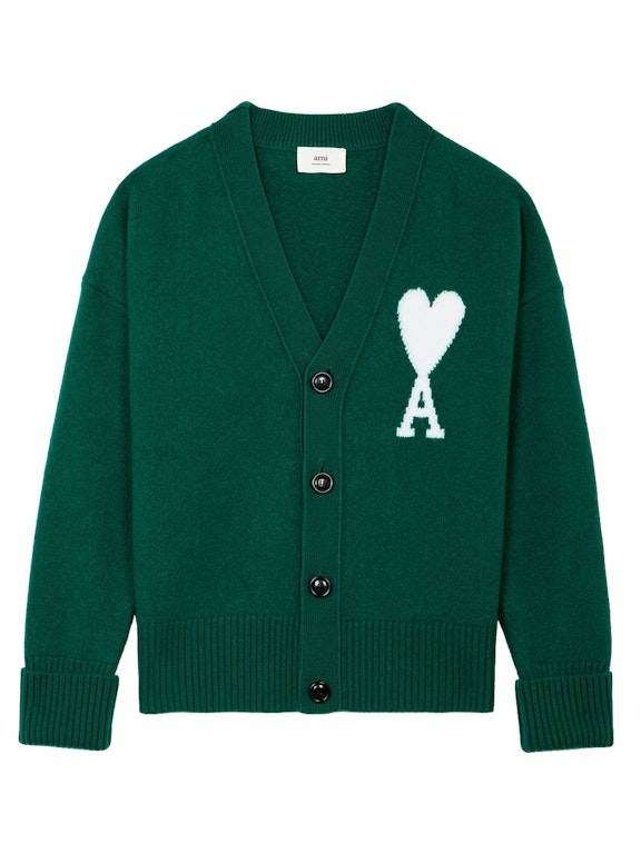 Pre-owned Ami Alexandre Mattiussi Ami Paris Ami De Coeur Merino Wool Oversize Cardigan Green/white