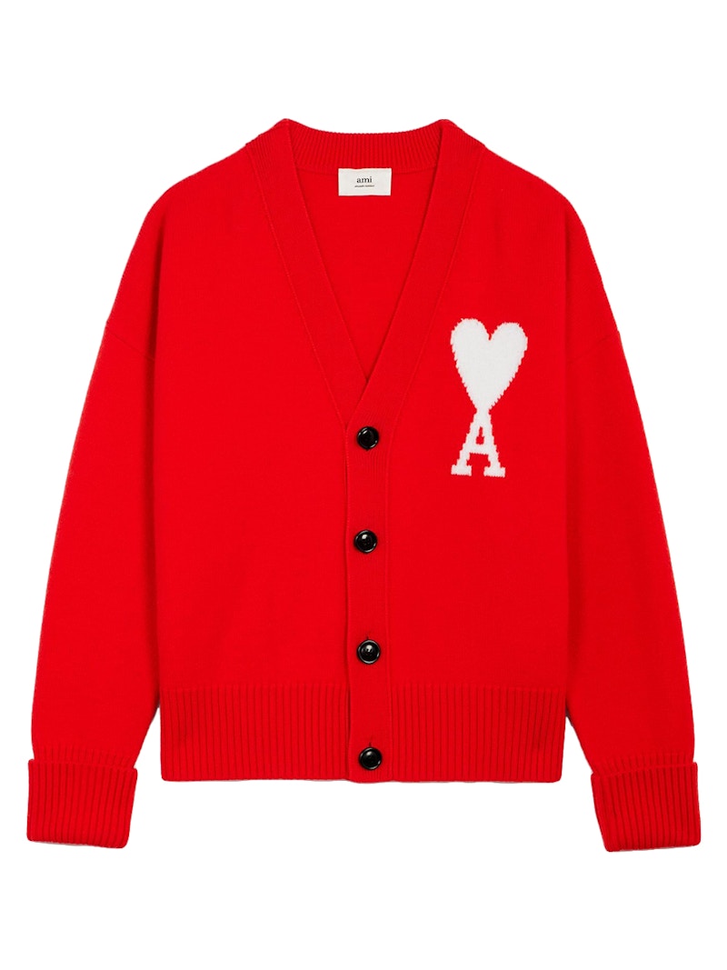 Ami Paris Ami De Coeur Merino Wool Oversize Cardigan Red/White - US