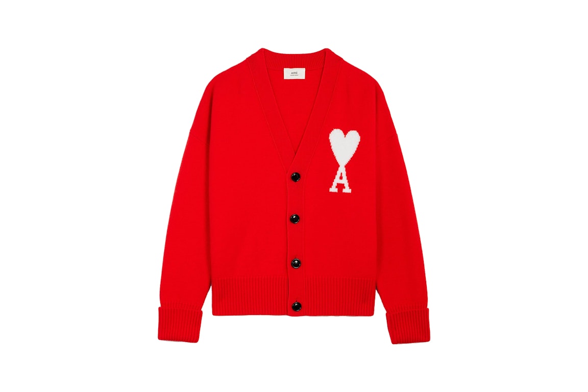 Pre-owned Ami Alexandre Mattiussi Ami Paris Ami De Coeur Merino Wool Oversize Cardigan Red/white